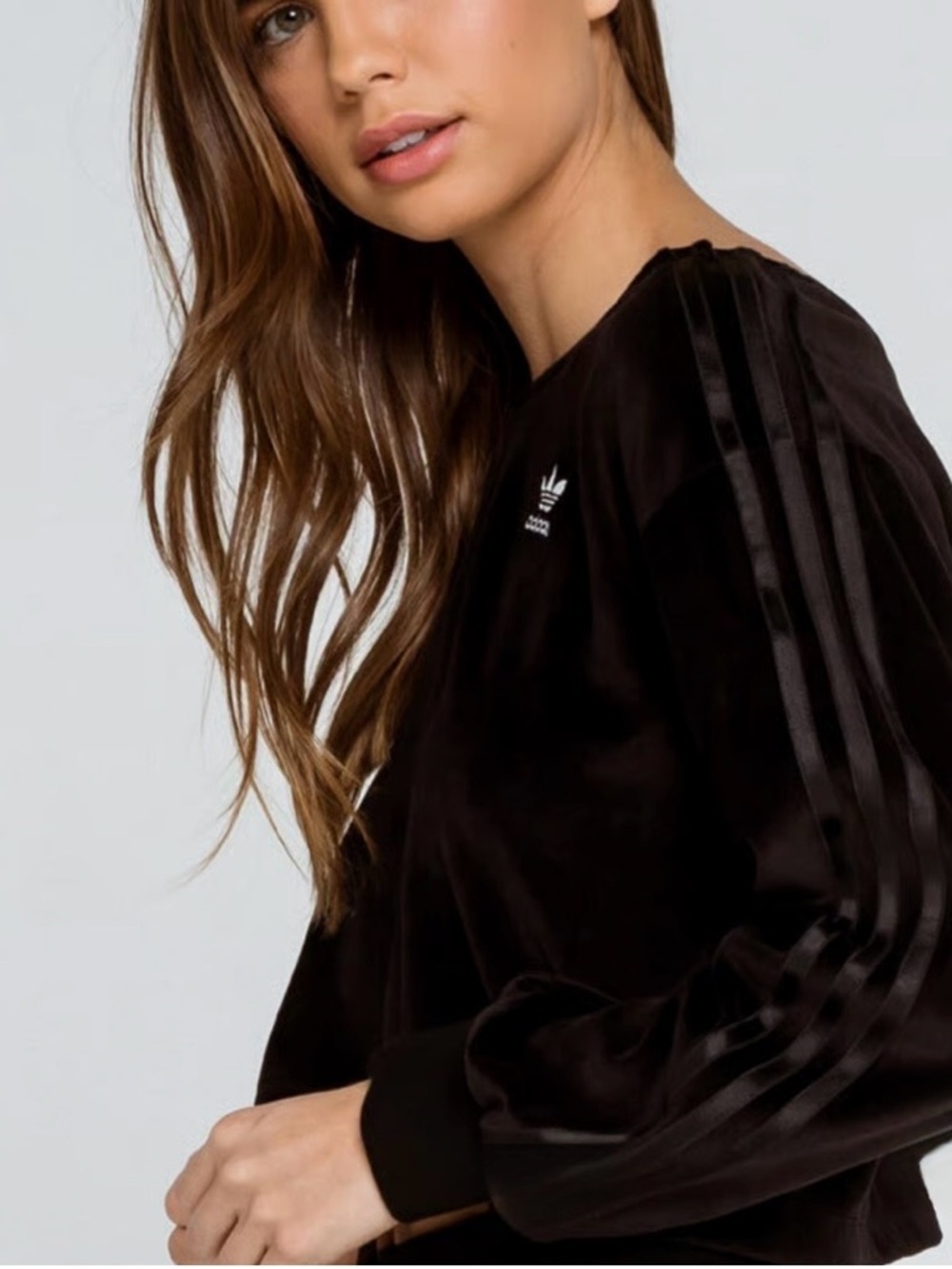 Adidas Originals Black Velour Off Shoulder Cropped Sweatshirt XL NWT - Picture 6 of 6